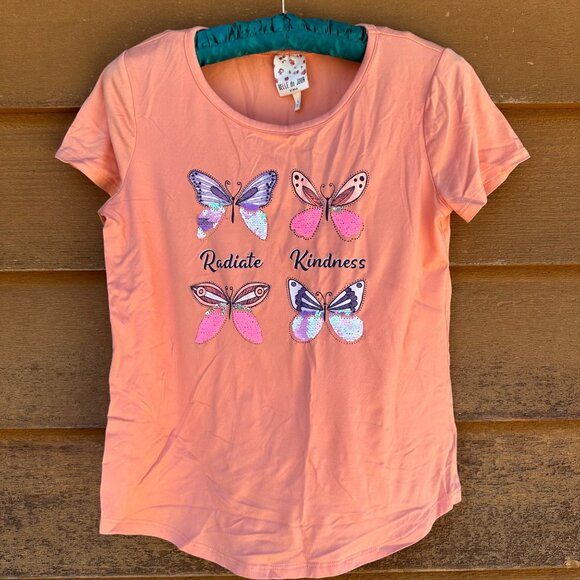 Belle Du Jour Other - Belle Du Jour Girls Peach Tee Radiate Kindness Butterfly Design Sequin Accents S